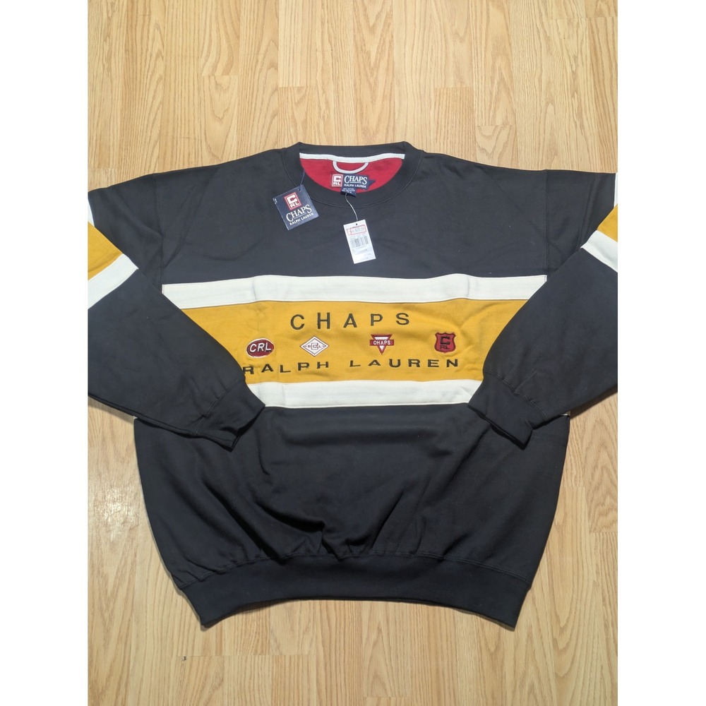 Chaps Mens Vintage Y2K Colorblock Crest Crewneck Sweatshirt Black Yellow XL